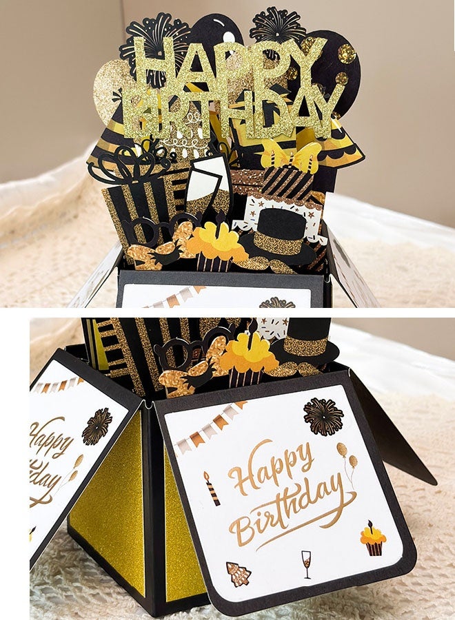3D Box Black Gold Greeting Card with Envelope Happy Birthday Card Pop Up Creative Folding Blessing Card - Image 4