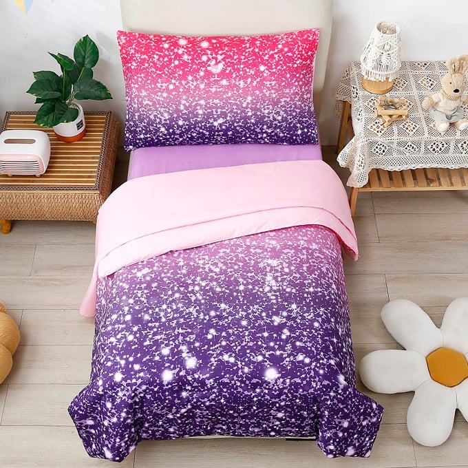 4PIECE TODDLER BEDDING SET FOR GIRLS PINK PURPLE PRINCESS TODDLER BED IN A BAG 26 YEAR OLD INCLUDES COMFORTER FLAT SHEET FITTED SHEET PILLOWCASE