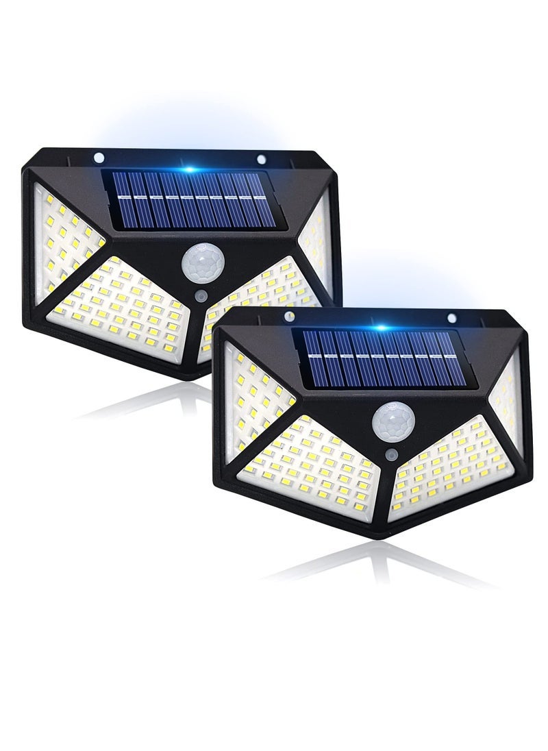 Solar Outdoor Lights, IP65 Waterproof Motion Sensor 100 LEDs Security Lights with Lights Reflector for Exterior Wall, Patio, Yard, Garage, Deck, Garden, 2 Pack