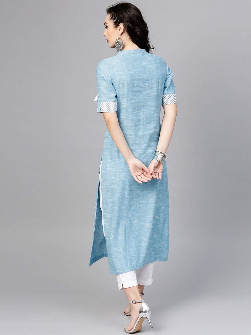 Pannkh Women's Cotton Chambray Kurta with Tassel Detail Ethnic Printed Kurti for Work & Casual Wear Soft Fabric, Front Design, and Flowy Fit - Image 3