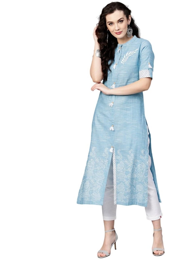 Pannkh Women's Cotton Chambray Kurta with Tassel Detail Ethnic Printed Kurti for Work & Casual Wear Soft Fabric, Front Design, and Flowy Fit - Image 1