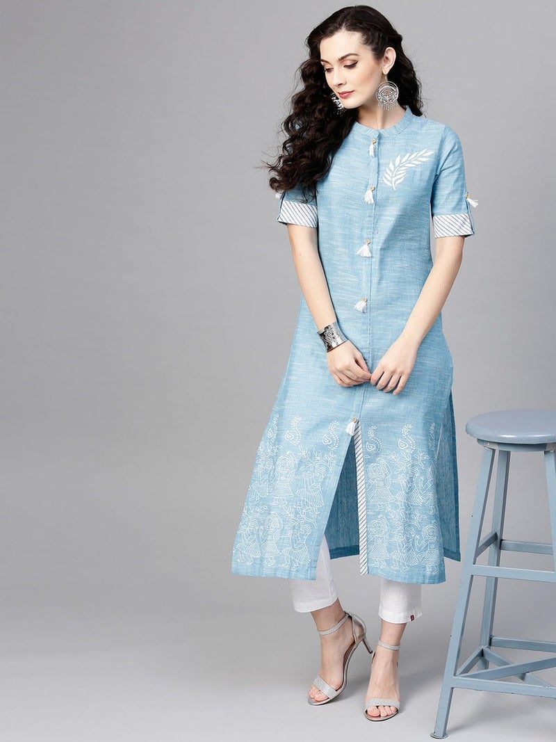 Pannkh Women's Cotton Chambray Kurta with Tassel Detail Ethnic Printed Kurti for Work & Casual Wear Soft Fabric, Front Design, and Flowy Fit - Image 5