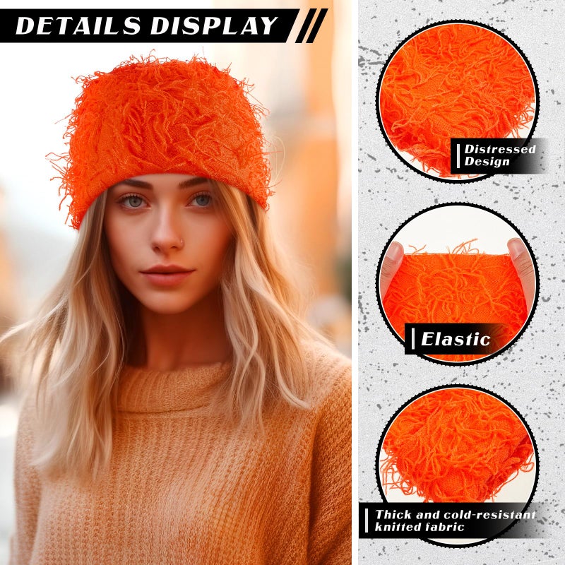 Chuarry Distressed Knitted Beanie Fuzzy Winter Hats Thick Warm Y2k Beanie Snow Knit Cap Skull for Women Men(Orange,Regular Style) - Image 3