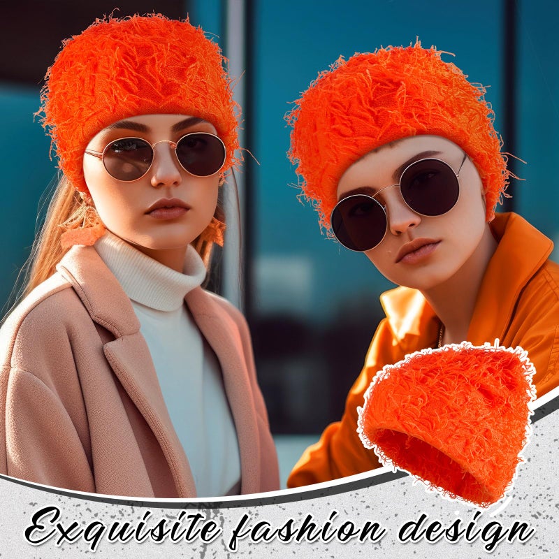 Chuarry Distressed Knitted Beanie Fuzzy Winter Hats Thick Warm Y2k Beanie Snow Knit Cap Skull for Women Men(Orange,Regular Style) - Image 5