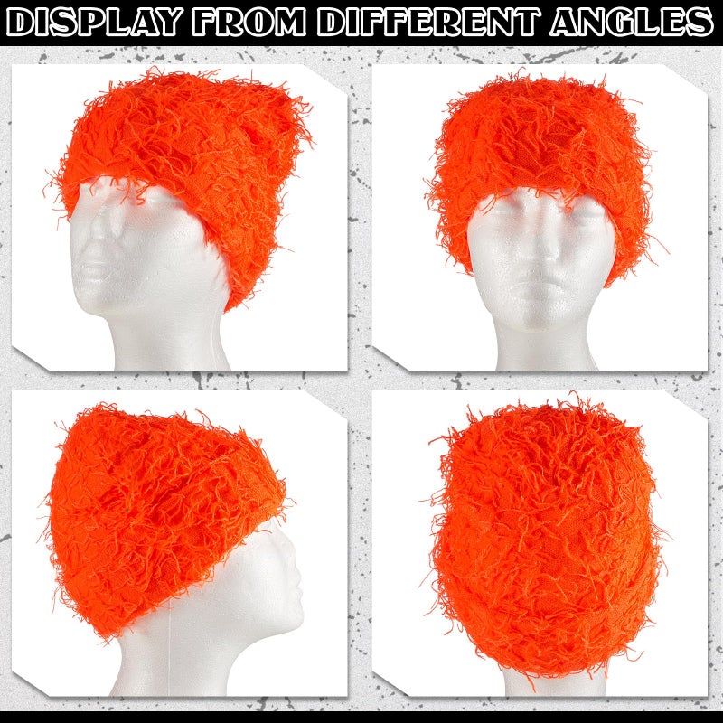 Chuarry Distressed Knitted Beanie Fuzzy Winter Hats Thick Warm Y2k Beanie Snow Knit Cap Skull for Women Men(Orange,Regular Style) - Image 4