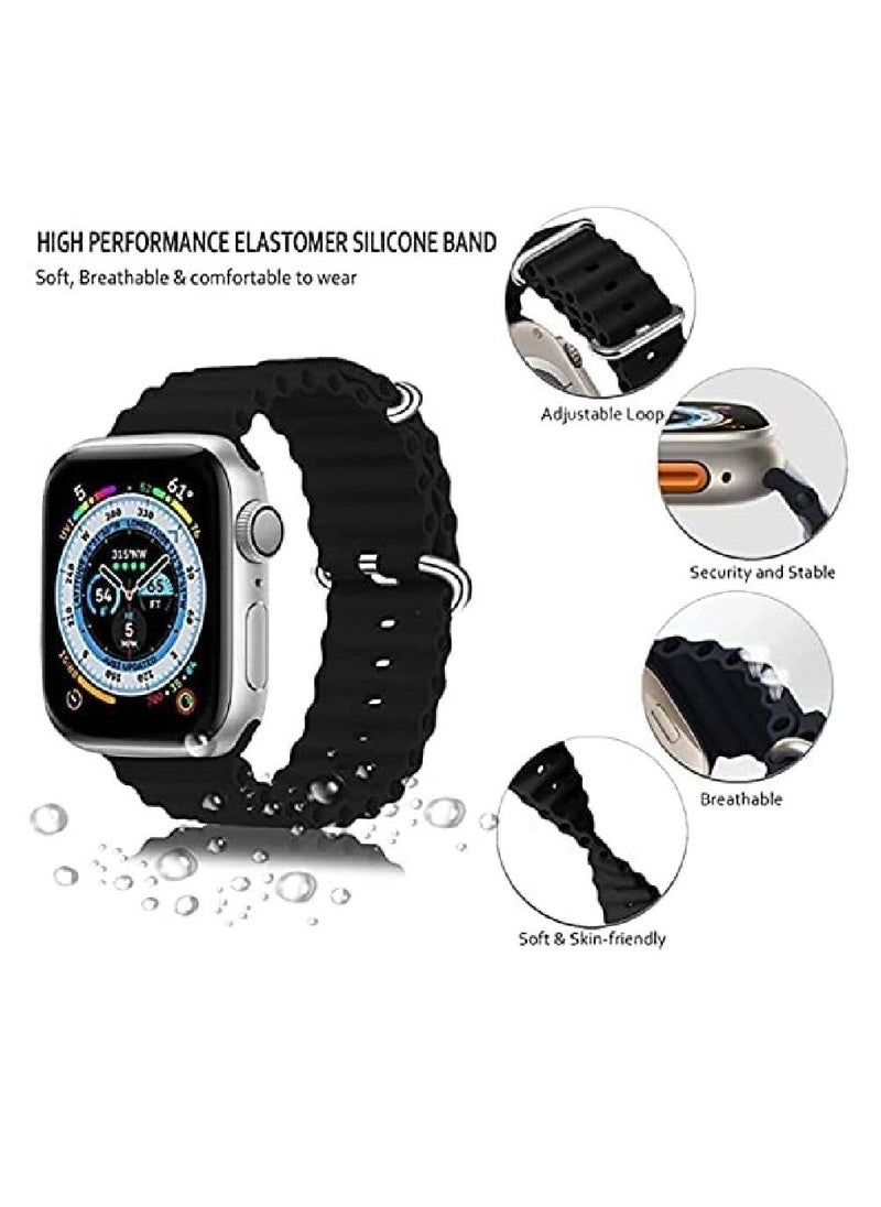 GENNEXT - Ocean Band Compatible with Apple Watch Band Ultra 49mm 45mm 44mm 42mm, Adjustable Loop with Buckle Soft Stretchy Silicone Sports Band for iWatch Series SE 8 7 6 5 4 3 2 1 Men Women, Black - Image 1