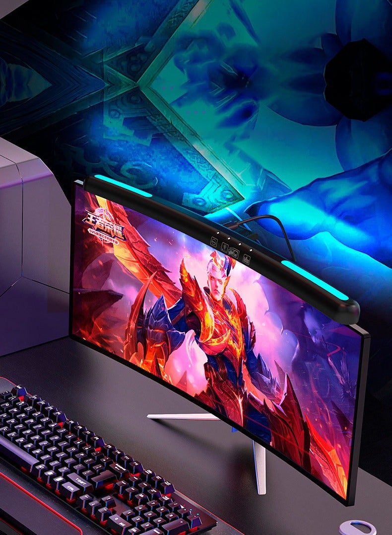 نهر قو ضوء شاشة الكمبيوتر، 7 ألوان RGB قابلة للتعديل، مصباح شاشة كمبيوتر منحني، شريط إضاءة شاشة LED للعناية بالعين، شريط إضاءة شاشة مع 3 أوضاع ألوان لألعاب المكتب والمنزل والمكتب - Image 1