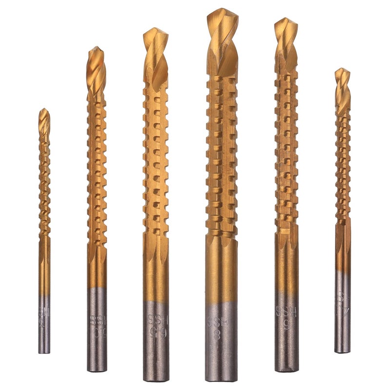 Rocaris 6 Pack Titanium Coated HSS Twist Drill Bits, 3-8mm Serrated Side Cutting Drill Bit Woodworking Tools for Plastic Metal Wood Hole - Image 1