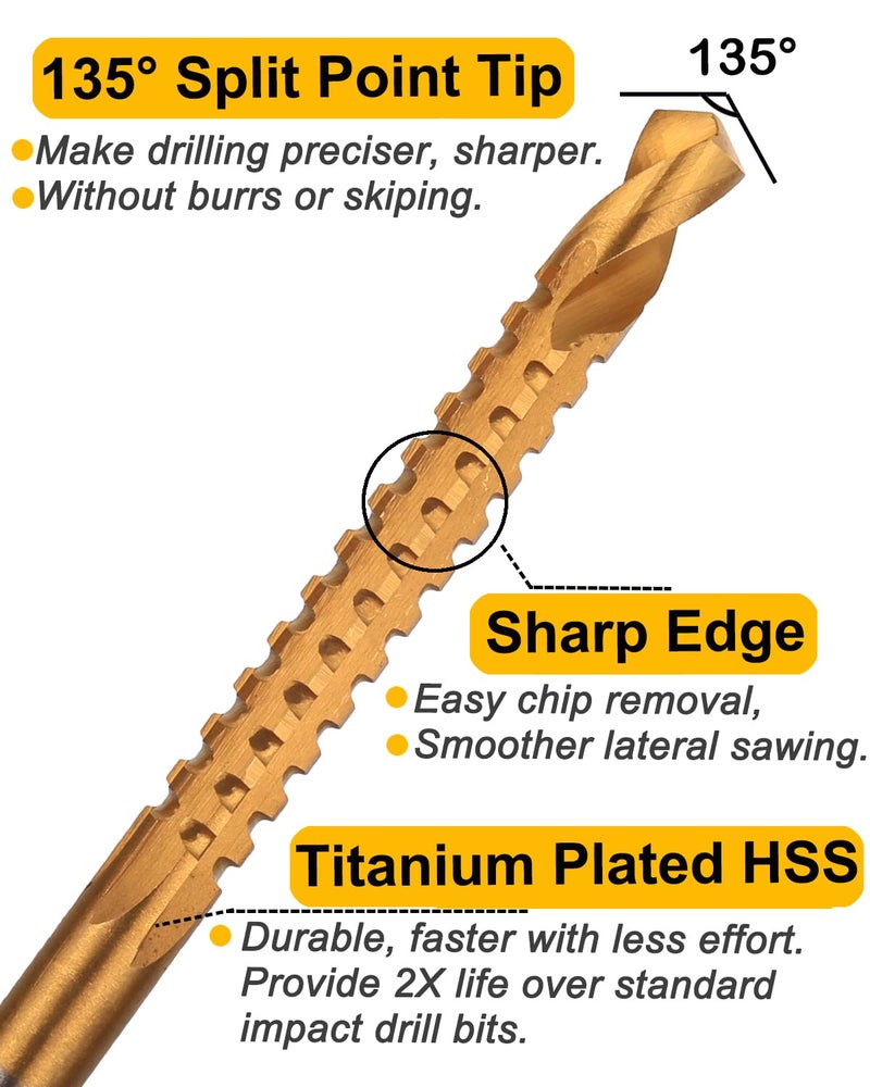 Rocaris 6 Pack Titanium Coated HSS Twist Drill Bits, 3-8mm Serrated Side Cutting Drill Bit Woodworking Tools for Plastic Metal Wood Hole - Image 3