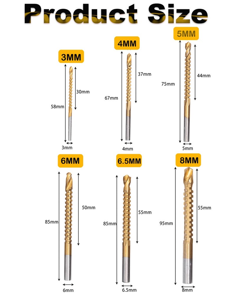 Rocaris 6 Pack Titanium Coated HSS Twist Drill Bits, 3-8mm Serrated Side Cutting Drill Bit Woodworking Tools for Plastic Metal Wood Hole - Image 4