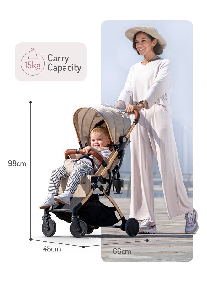 Bonfino عربة أطفال بونفينو رانواي مع حزام أمان 5 نقاط، مظلة قابلة للتعديل وعجلات أمامية دوارة 360 درجة، من 0 إلى 3 سنوات، 66 x 48 x 98 سم - بيج - Image 2