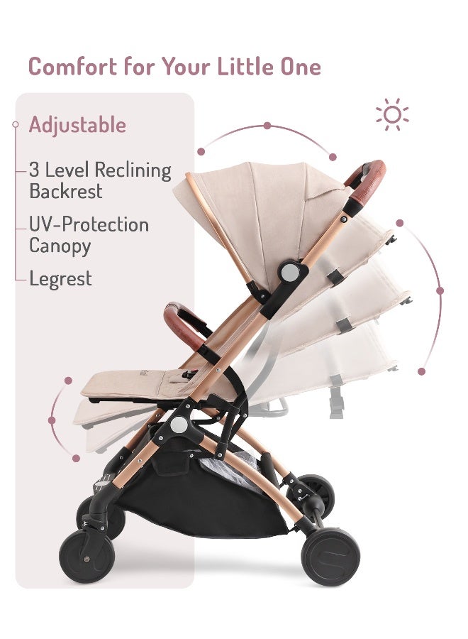 Bonfino عربة أطفال بونفينو رانواي مع حزام أمان 5 نقاط، مظلة قابلة للتعديل وعجلات أمامية دوارة 360 درجة، من 0 إلى 3 سنوات، 66 x 48 x 98 سم - بيج - Image 5