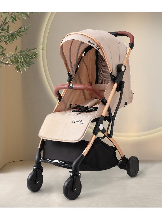 Bonfino عربة أطفال بونفينو رانواي مع حزام أمان 5 نقاط، مظلة قابلة للتعديل وعجلات أمامية دوارة 360 درجة، من 0 إلى 3 سنوات، 66 x 48 x 98 سم - بيج - Image 1