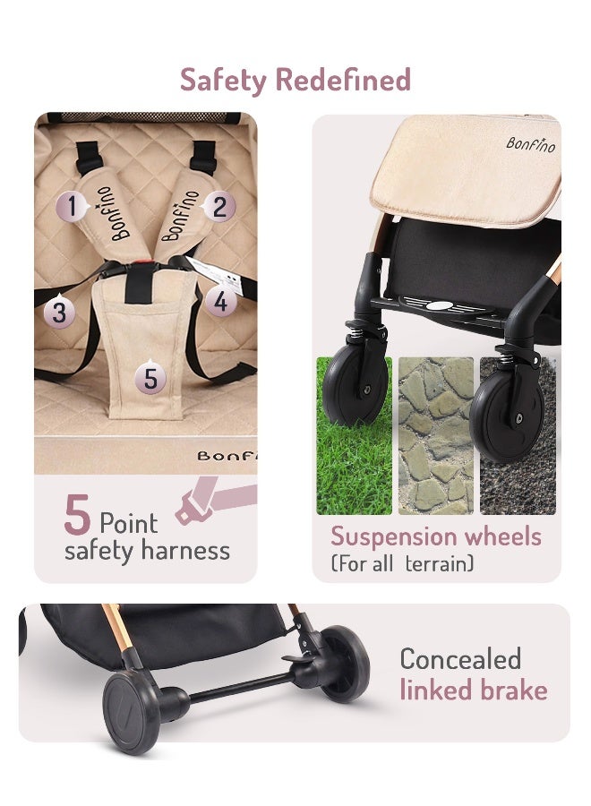 Bonfino عربة أطفال بونفينو رانواي مع حزام أمان 5 نقاط، مظلة قابلة للتعديل وعجلات أمامية دوارة 360 درجة، من 0 إلى 3 سنوات، 66 x 48 x 98 سم - بيج - Image 4