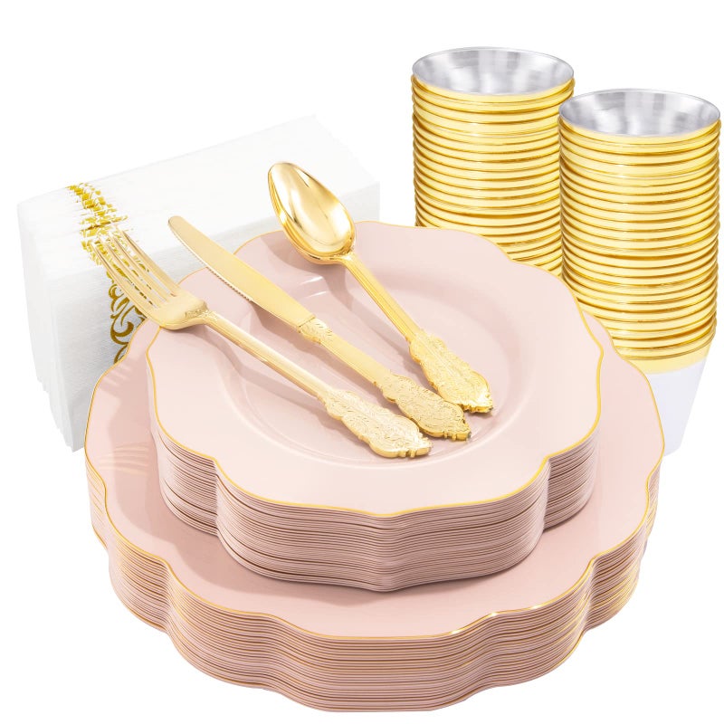 NOCCUR 175PCS أطباق وردية مع أدوات مائدة فضية قابلة للتصرف تشمل 50 طبق بلاستيكي وردي 25 سكين 25 شوكة 25 ملعقة 25 كوب و 25 منديل مثالية لحفلات الزفاف