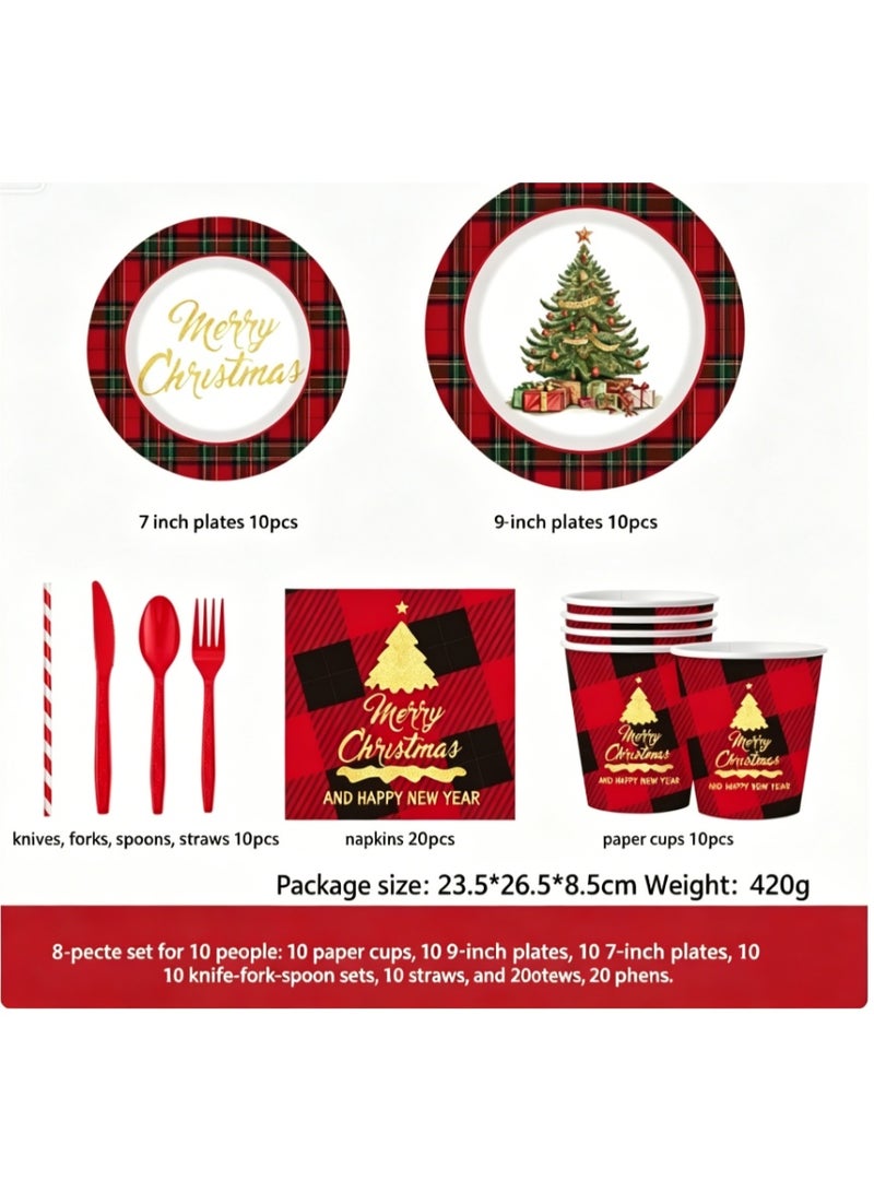 Christmas Disposable Party Tableware Set for 10 Guests, Santa & Christmas Tree Theme, 60 Pieces - Image 1