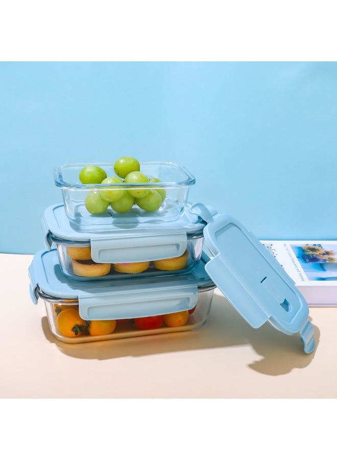 Refrigerator Special Glass Lunch Box Microwave Oven Products Household Kitchen Crisper Food Grade Lunch Box Student Lunch Box-Specifications:Car Chrysanthemum Blue (home Minimalist)-Color:(Without Separation) Rectangular 1040ml + Bear Meal Bag  - Image 1
