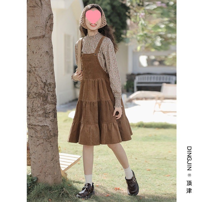 Girls Floral Shirt Suspenders Skirt Set Brown suit 