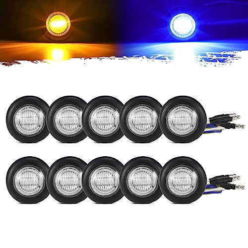 Partsam 10Pcs Dual Color 34 Round LED Marker Light Amber to Blue Auxiliary Light Side Marker DOT Approved Clearance Light Turn Signal Indicators with Bullet Plug for Trailer Truck Pickup Camper RV