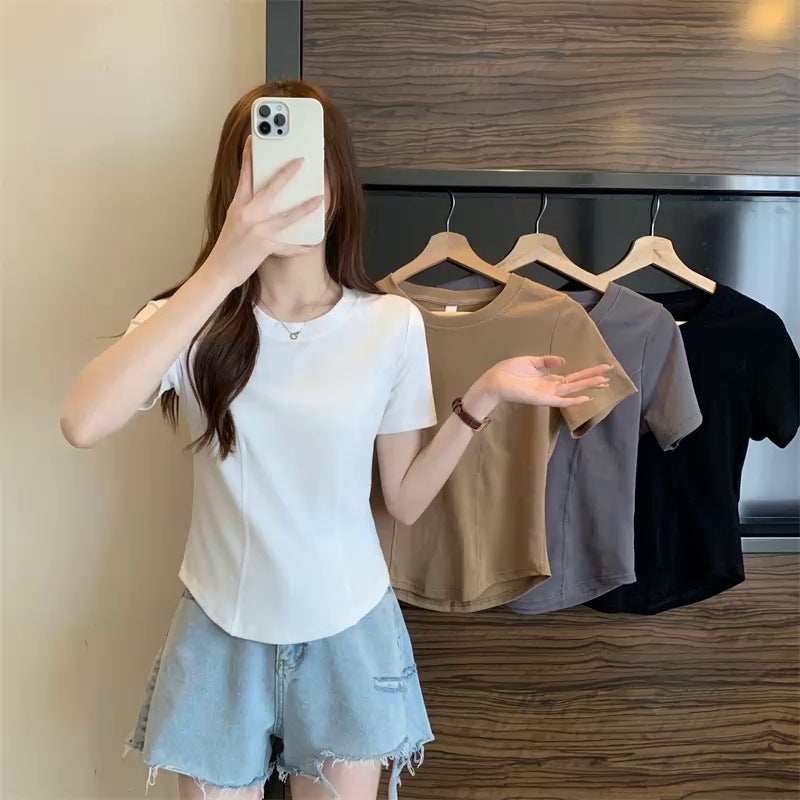 Curved Hem Slim Fit Irregular T-Shirt for Women White - Image 2