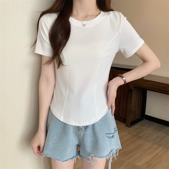Curved Hem Slim Fit Irregular T-Shirt for Women White - Image 1