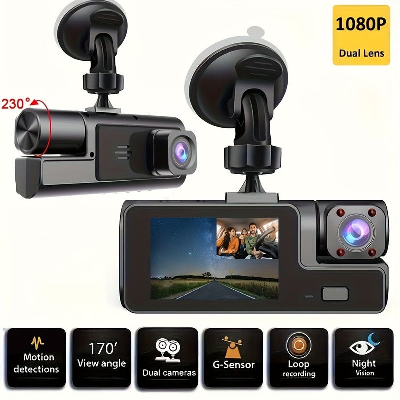 كاميرا داش كام ثنائية العدسة D53S بدقة 1080p أمامية و 720p داخلية، رؤية ليلية، حساس G، تسجيل تلقائي، حامل شفط 12. - Image 4