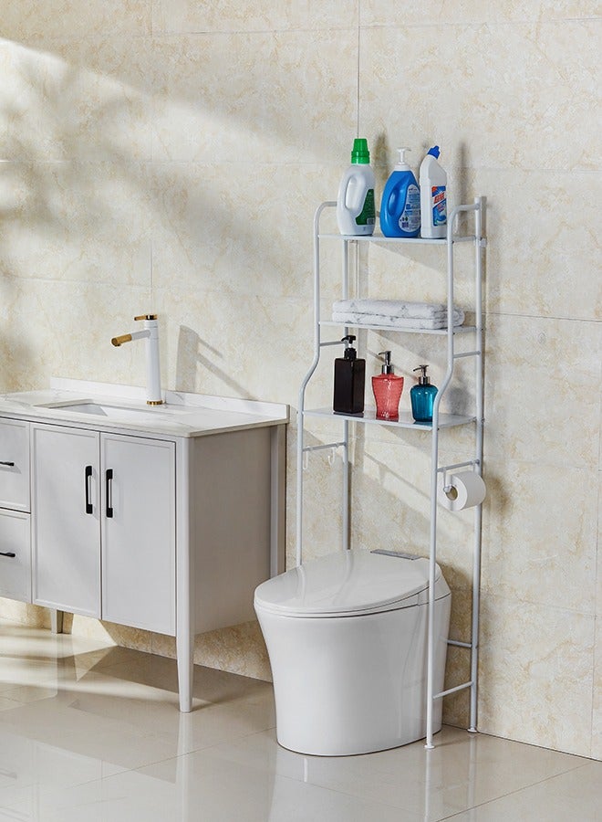 LAWAZIM Toilet Rack-White-Modern Design Space Saving Rust Resistant Steel Over the Toilet Freestanding Storage, Bathroom Rack with Shelves and Two Hanging Hooks for organizing cosmetics and toiletries - Image 2