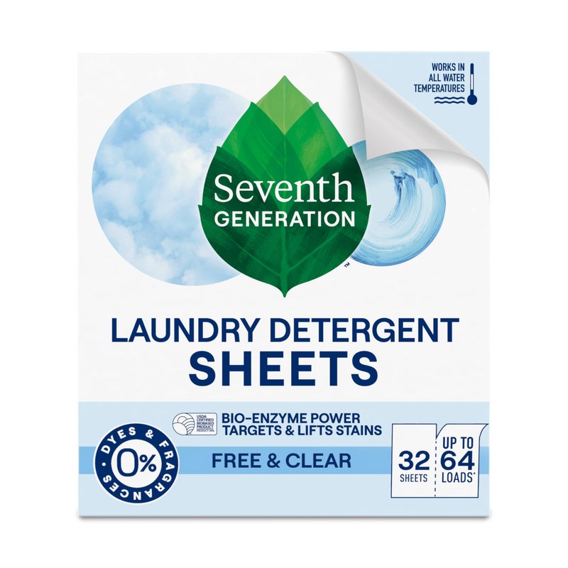 Seventh Generation Laundry Detergent Sheets 32ct Free & Clear Removes Tough Stains Safer for your family - Image 1