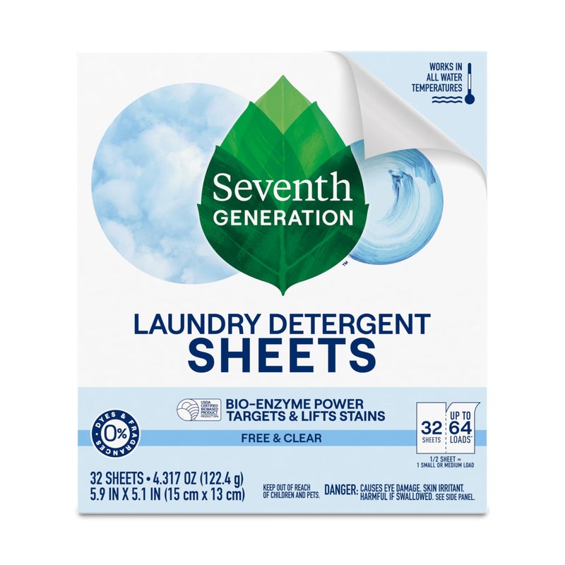 Seventh Generation Laundry Detergent Sheets 32ct Free & Clear Removes Tough Stains Safer for your family - Image 2
