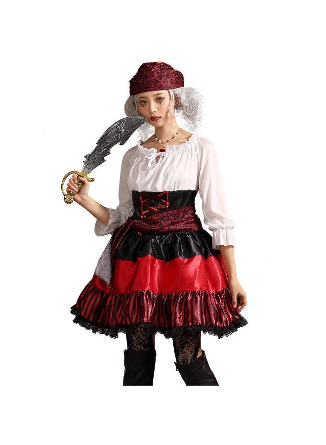 NIBEMINENT Halloween costumes, night party performance costumes, red striped lace pirate costumes - Image 1