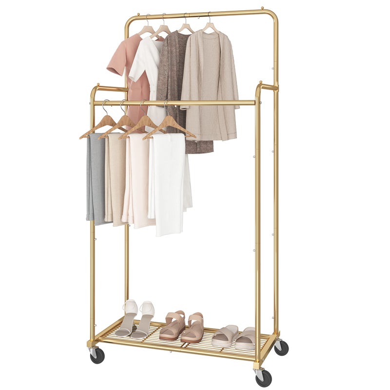 Simple Trending Double Rod Clothes Garment Rack Heavy Duty Clothing Rolling Rack on Wheels for Hanging Clotheswith 4 Hooks Gold