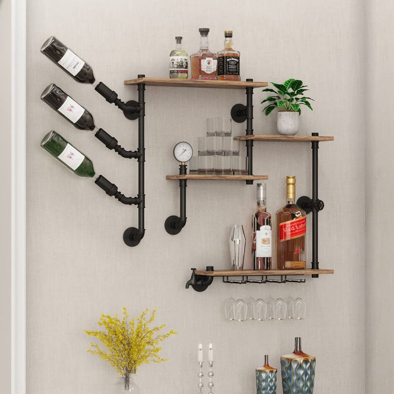 HEONITURE Wall Bar Shelves Industrial Pipe Shelving with 4 Stem Glass Holder 4Tiers Rustic Floating Wine Rack Wall Mounted Bar liquor Shelf 42 in Hanging Wood Shelves Glass Rack Living Room Kitchen Decor