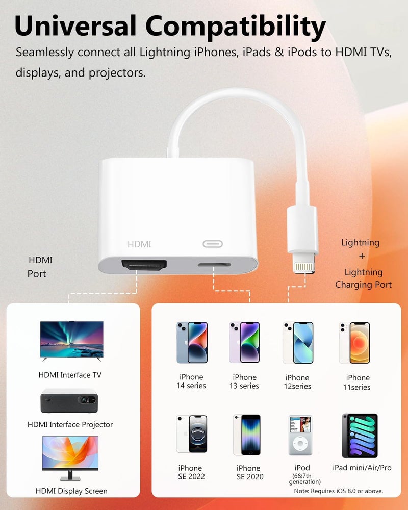 [معتمد من Apple MFi] محول Lightning إلى HDMI لـ iPhone، دونجل AV رقمي، كابل شاشة متزامن بدقة 1080 بكسل مع منفذ شحن Lightning لـ iPhone، iPad إلى تلفزيون/بروجيكتور/شاشة (يحتاج إلى مصدر طاقة) - Image 1