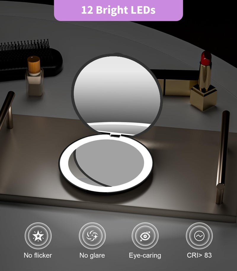 WOBSION Travel Compact Mirror,Portable 1x/10x LED Makeup Mirror with Magnification,Handheld 2-Sided Pocket Mirror, 3.5in Small Mirror for Purse,Handbag,Gift,Black - Image 5