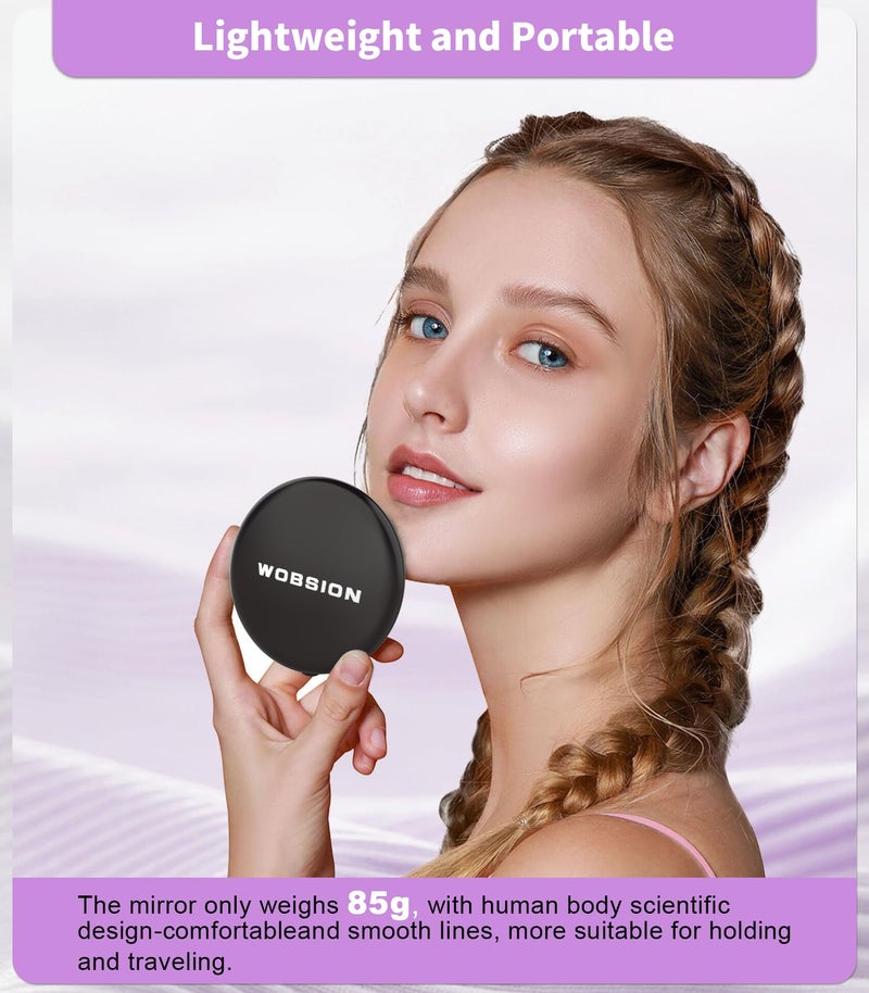 WOBSION Travel Compact Mirror,Portable 1x/10x LED Makeup Mirror with Magnification,Handheld 2-Sided Pocket Mirror, 3.5in Small Mirror for Purse,Handbag,Gift,Black - Image 2