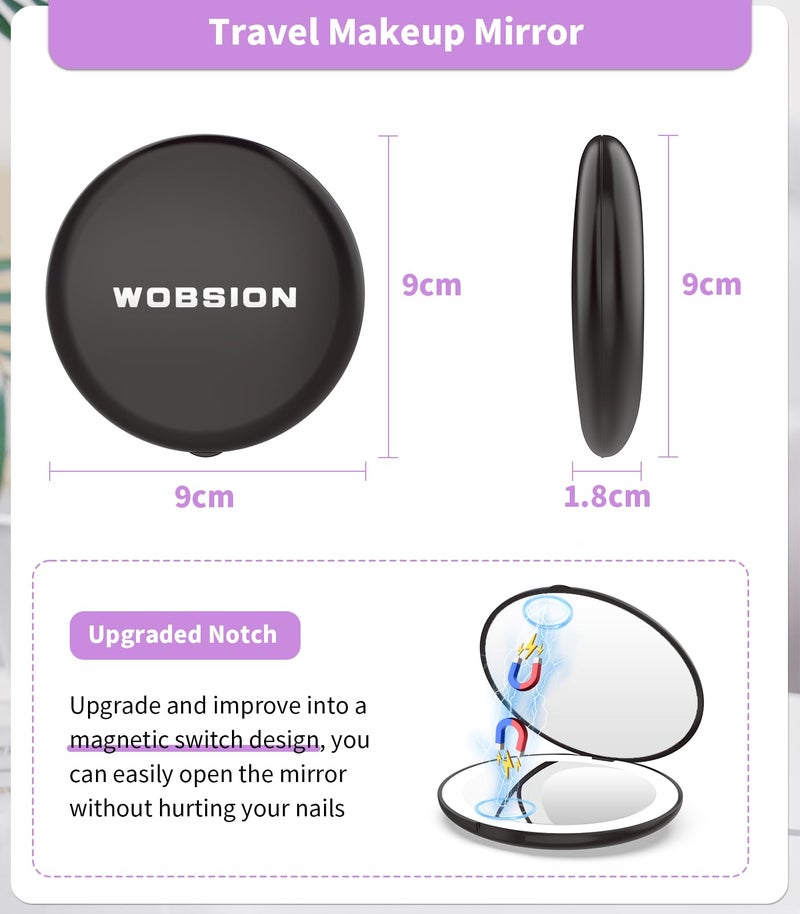 WOBSION Travel Compact Mirror,Portable 1x/10x LED Makeup Mirror with Magnification,Handheld 2-Sided Pocket Mirror, 3.5in Small Mirror for Purse,Handbag,Gift,Black - Image 3