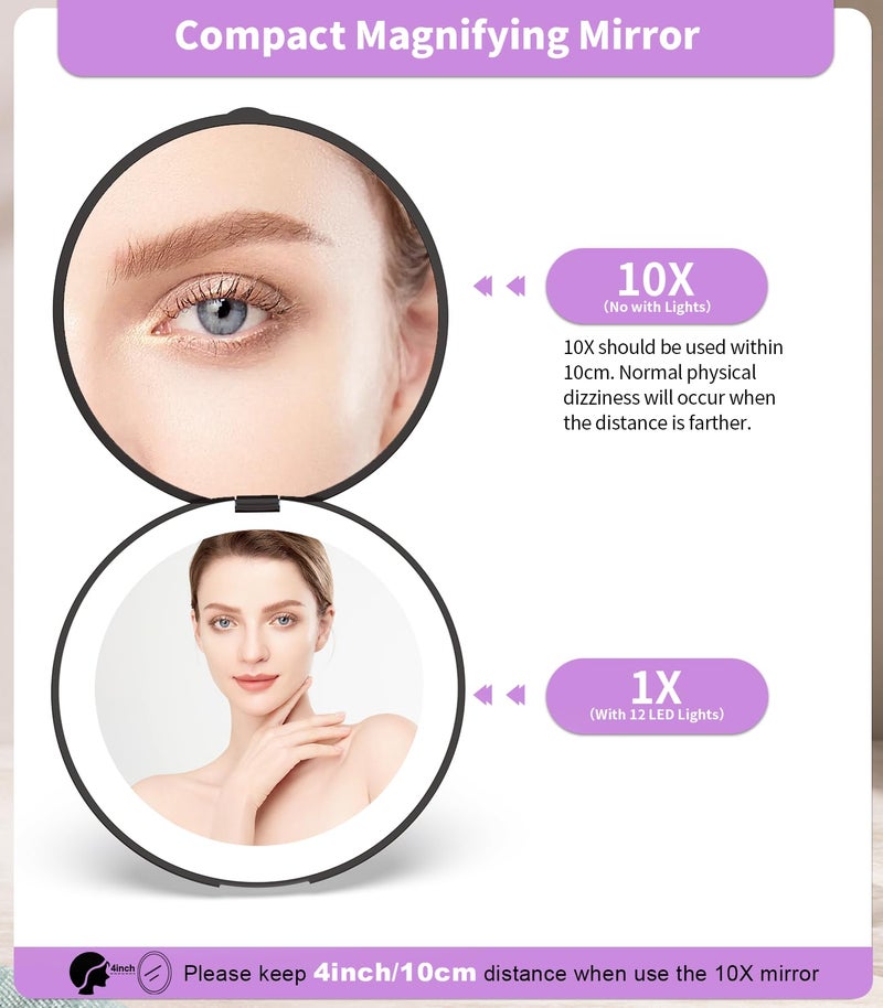 WOBSION Travel Compact Mirror,Portable 1x/10x LED Makeup Mirror with Magnification,Handheld 2-Sided Pocket Mirror, 3.5in Small Mirror for Purse,Handbag,Gift,Black - Image 4