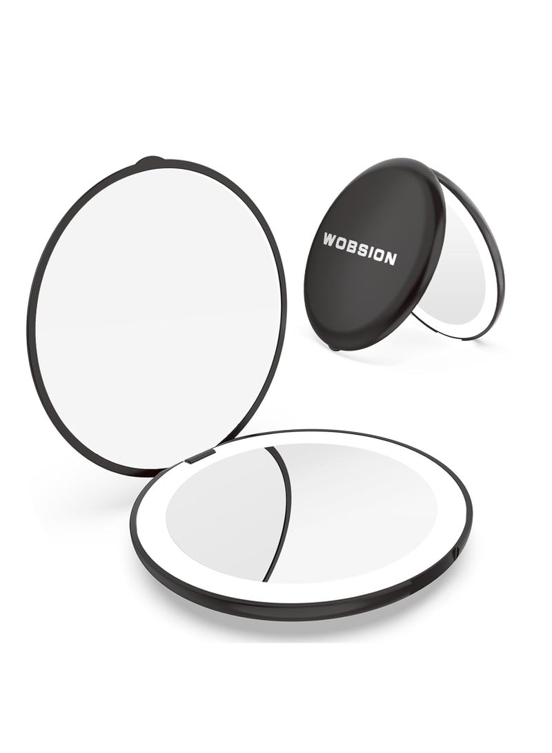 wobsion wobsion Travel Compact Mirror,Portable 1x/10x LED Makeup Mirror with Magnification,Handheld 2-Sided Pocket Mirror, 3.5in Small Mirror for Purse,Handbag,Gift,Black  - Image 1