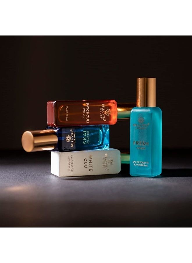 Bella Vita Organic - Unisex Luxury Perfume Gift Set 4x20 ML for Men & Women | Long Lasting Fragrance Eau De Parfum | SKAI | FRESH | WHITEOUD | PATCHOULI - Image 1