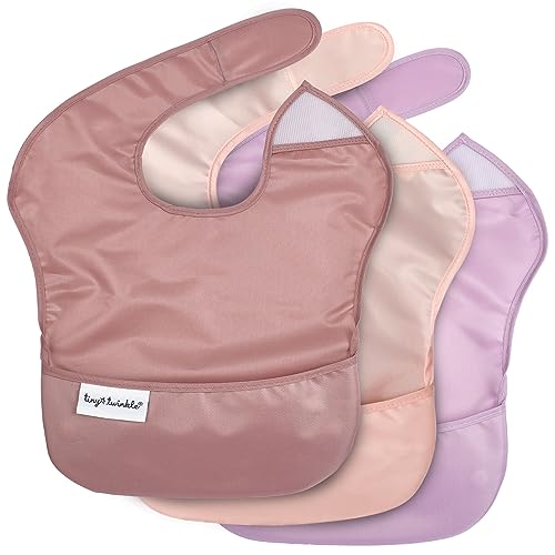 Tiny Twinkle Mess Proof Baby Bibs for Eating – Waterproof, Wipeable Toddler Bibs with Pocket – Baby Food Bibs for Girls & Boys(3 Pack,Taupe, Rose) - Image 1