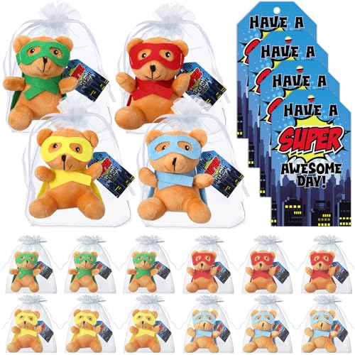Silipull 18 Pcs Hero Party Favor Stuffed Animal Bears Small Bear Plush Toys 4 Plush Bears with Eye Mask Cape for Party Favor Gift Box Stuffers - Image 1