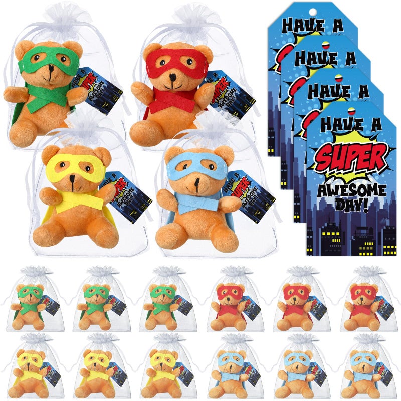 Silipull 18 Pcs Hero Party Favor Stuffed Animal Bears Small Bear Plush Toys 4 Plush Bears with Eye Mask Cape for Party Favor Gift Box Stuffers - Image 3