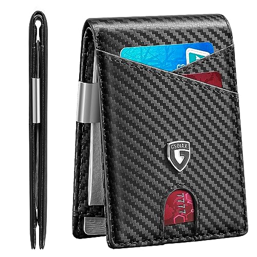 GSOIAX Slim Leather RFID Bifold Wallet for Men Minimalist Front Pocket Wallet with Money Clip,12 Card Slots,ID Window,Cool Groove Design,Includes Gift Box(Carbon Black) - Image 1