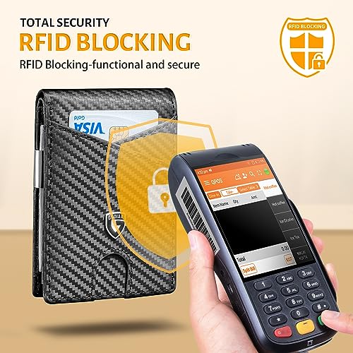 GSOIAX Slim Leather RFID Bifold Wallet for Men Minimalist Front Pocket Wallet with Money Clip,12 Card Slots,ID Window,Cool Groove Design,Includes Gift Box(Carbon Black) - Image 4