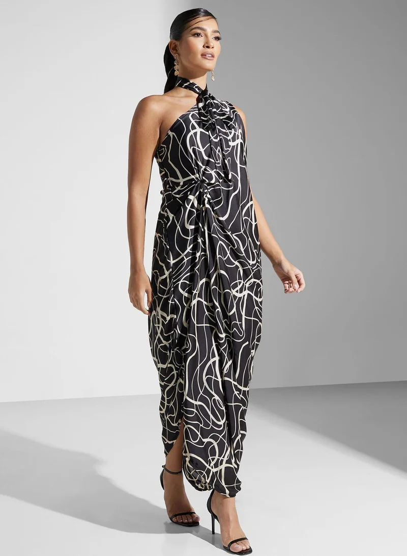 Golden Apple One Shoulder Tie Neck Dress