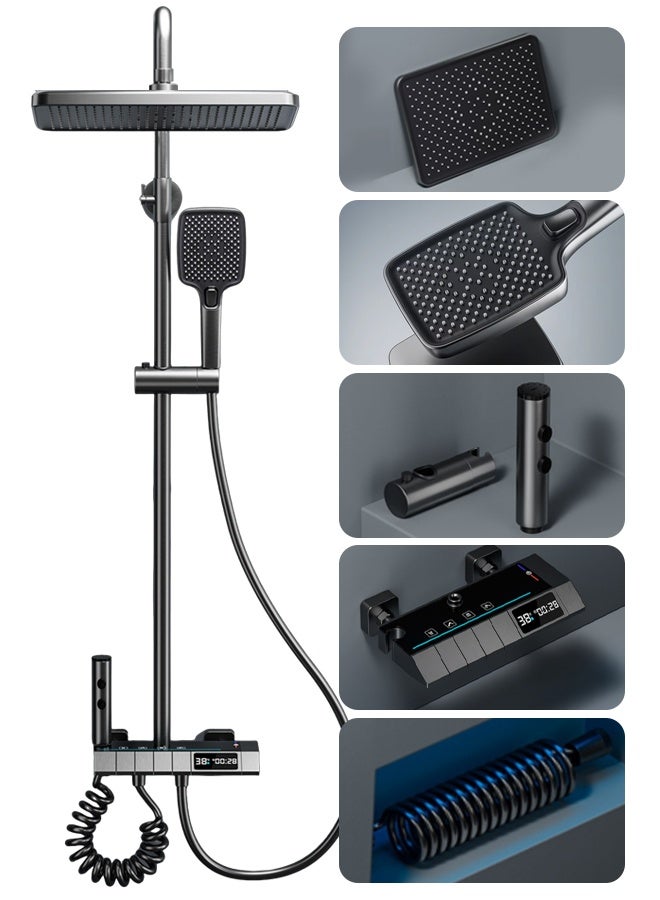 ألونغد نظام دش ترموستاتي مُحسّن مع رأس دش مطري بشاشة رقمية ومجموعة رذاذ محمولة ومجموعة صنبور دش رباعية الوظائف مع ارتفاع قابل للتعديل باللون الرمادي - Image 1