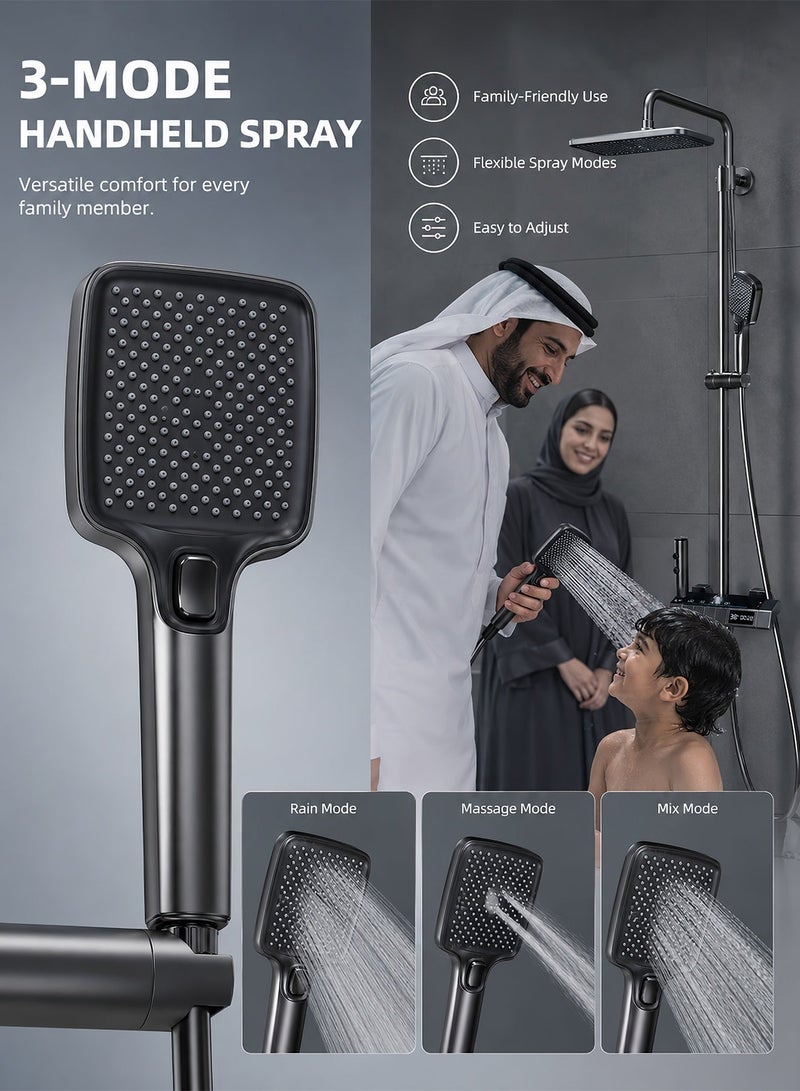 ALongDeng Upgraded Thermostatic Shower System with Digital Display Rainfall Shower Head and Handheld Spray Combo 4-Function Shower Faucet Set with Adjustable Height Gray - Image 5