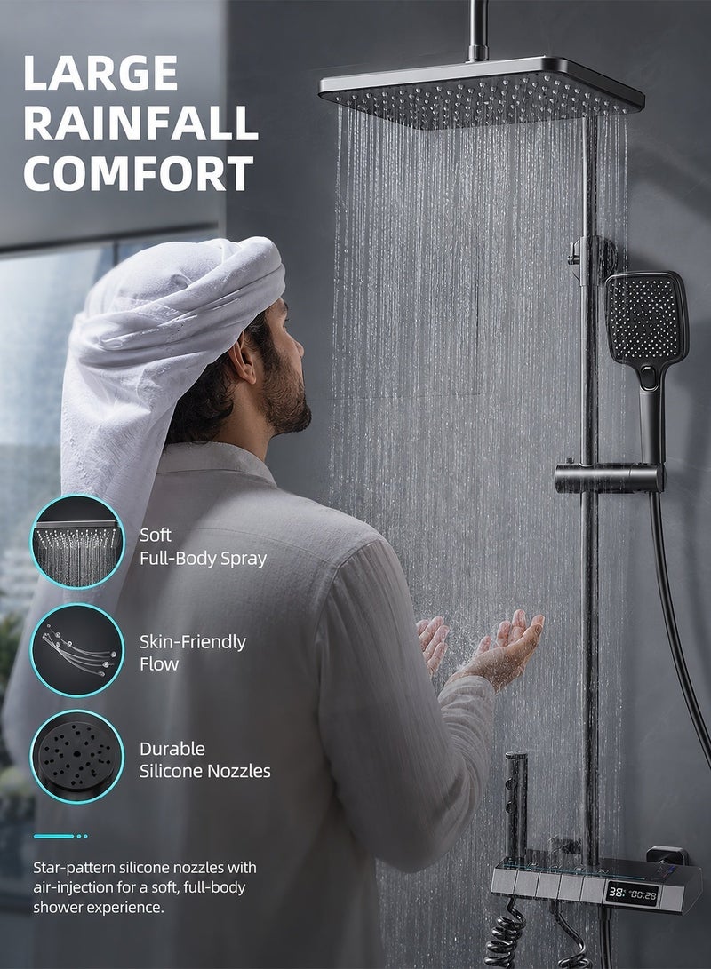 ALongDeng Upgraded Thermostatic Shower System with Digital Display Rainfall Shower Head and Handheld Spray Combo 4-Function Shower Faucet Set with Adjustable Height Gray - Image 3