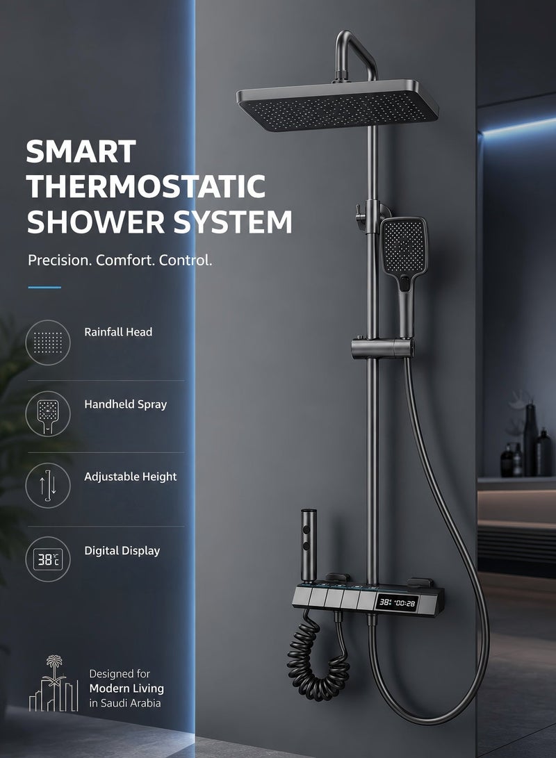 ALongDeng Upgraded Thermostatic Shower System with Digital Display Rainfall Shower Head and Handheld Spray Combo 4-Function Shower Faucet Set with Adjustable Height Gray - Image 2