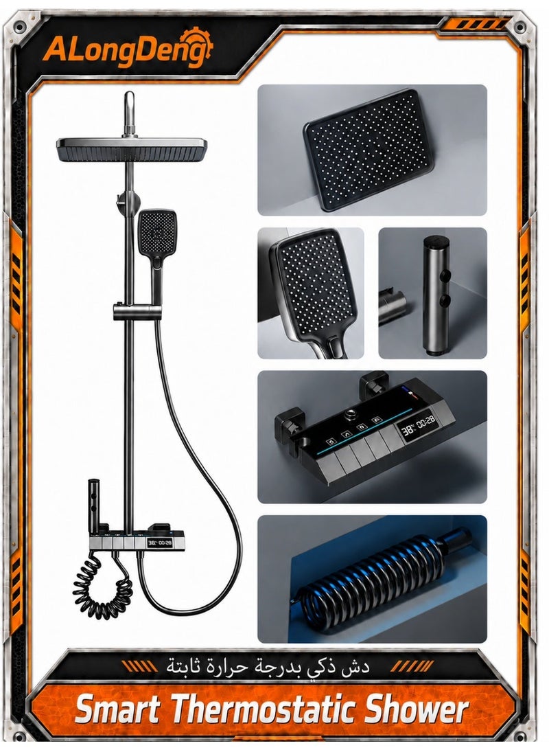 ALongDeng Upgraded Thermostatic Shower System with Digital Display Rainfall Shower Head and Handheld Spray Combo 4-Function Shower Faucet Set with Adjustable Height Gray - Image 1
